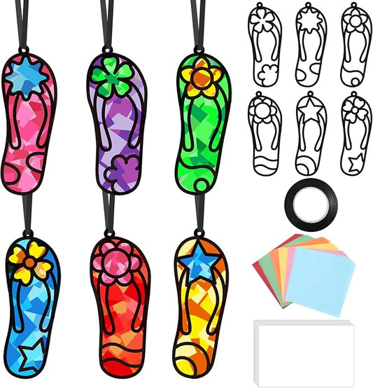 Qyeahkj 36 Set Flip Flops Suncatchers Craft for DIY Summer Tropical Luau Tissue Paper Craft Kit Hawaii Beach Slipper Stained Glass Window Ornaments Decoration for Home Art Project Party Favor Gift