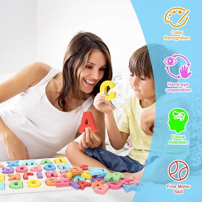 Kairsya Alphabet Puzzle Wooden Puzzles for Toddlers Alphabet Learning Puzzles Toys with Wood Letters Montessori Wooden ABC Learning Toys for Toddlers 1-5 | Preschool Educational Gift for Kids