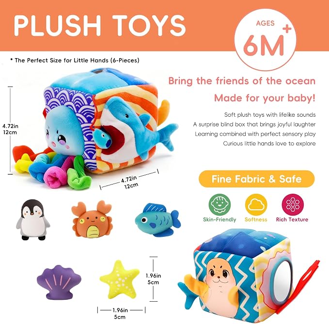 Baby Toys 6-12 Months, Montessori Sensory Toys with 5 Plush Sea Animals | Soft Mystery Box with Crinkle,Squeaky,Rattle & Mirror for Fine Motor Play & Multi-Sensory Learning,Gifts for Infants & Babies