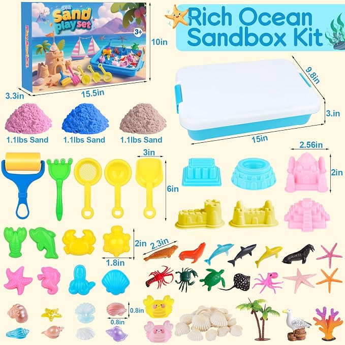 Mikiwon Ocean Sensory Bin, Sandbox Play Sand Art Kit with 3.3lbs Play Sand, Sea Animal Toys Molds, Sensory Play for Girls Boys Age 3 4 5 6 7 8, Beach Toys for Kids Xmas Birthday Gifts