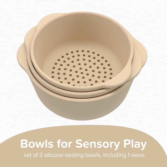 3 x Silicone Natural Nesting Bowls for Kids Plus Water and Sand Sieve | Kids Bowls Sensory Play | Messy Play and Water Play Accessories | Suitable for 10 Months Plus | Tuff Tray Accessories