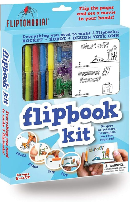 Fliptomania Flipbook Make-Your-Own Flip Book Kit for Kids 3 Pack, Rocket, Robot, & Blank DIY Flipbook Paper, Drawing Kids Arts & Crafts Project Set, Boys and Girls Arts and Crafts for Kids Ages 8-12
