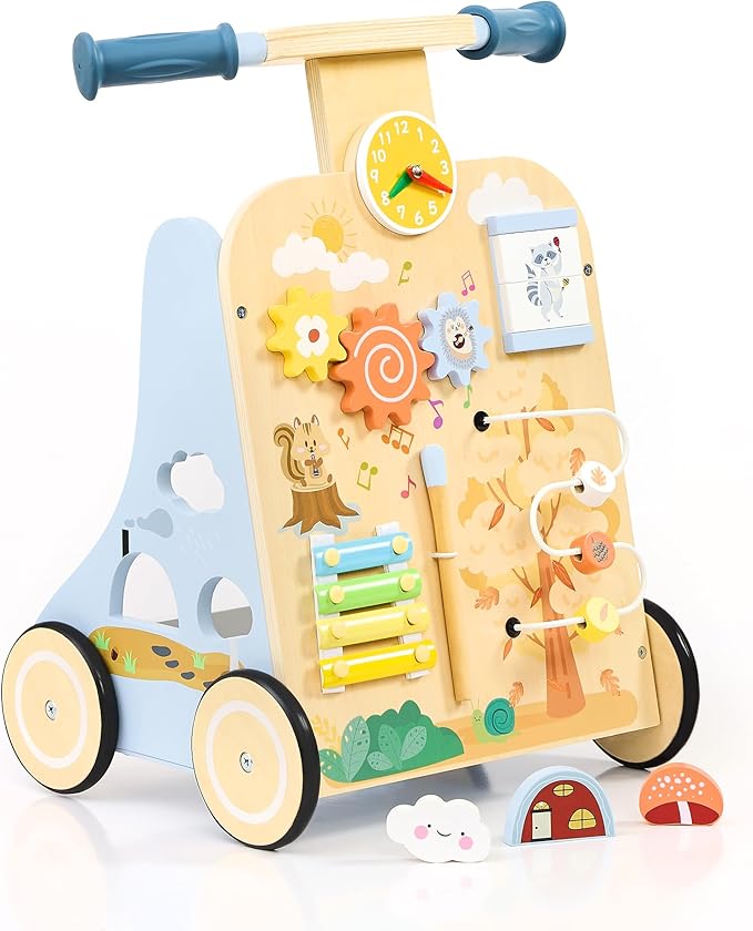 Baby Walker with 7-in-1 Montessori Activity Center for Toddlers | Wooden Baby Walker with Wheels Includes Montessori Sensory Toys and Activity Center 6-18 Months for Boys and Girls