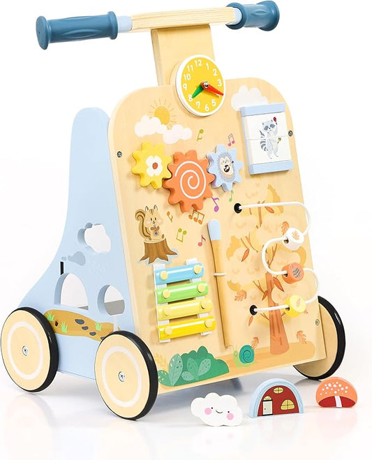 Baby Walker with 7-in-1 Montessori Activity Center for Toddlers | Wooden Baby Walker with Wheels Includes Montessori Sensory Toys and Activity Center 6-18 Months for Boys and Girls