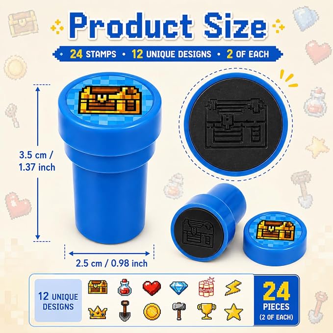 Cinrobiye 24 Pcs Pixel Stampers Party Favor Set, Cute Pixel Art Stamps for Kids Birthday Party, Classroom Rewards, Gaming Themed Party Supplies, Goody Bag Fillers, Retro Pixel Toys