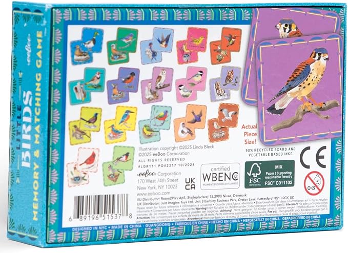 eeBoo Little Birds Memory & Matching Game, Ages 4+, 1-4 Players | Introduces common backyard bird species. Sharpens recognition, concentration & memory skills. Includes 36 tiles, 18 pairs