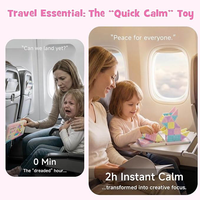 burgkidz Magnetic Tiles Travel Set: 40Pcs Pastel Macaron Portable Tin Case | Ultralight Tin Box Serves As Building Base, 45+ Mins Quiet Play, Fits Lap Tray for Airplane Trips, STEM Toy for Kids Ages 3+