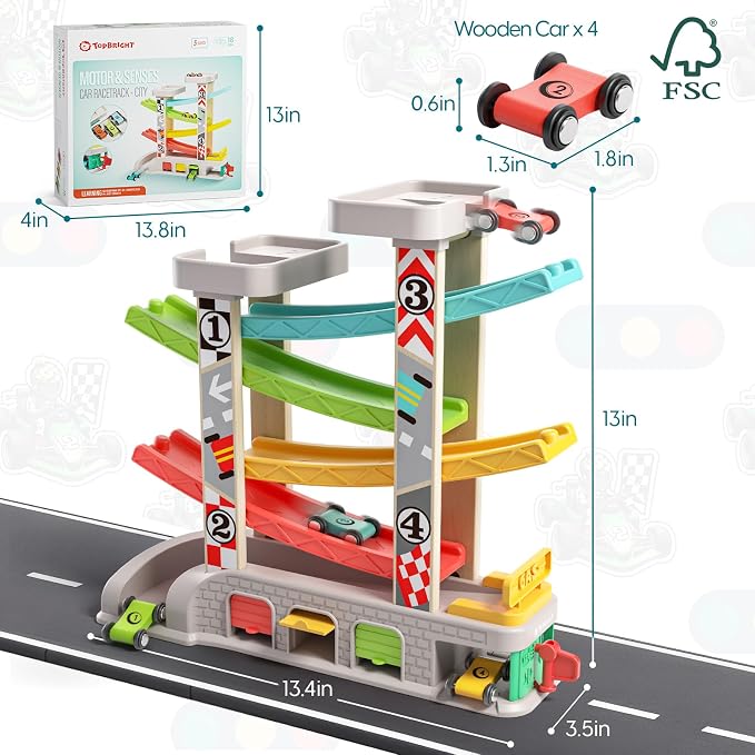 TOP BRIGHT Car Ramp Toys, Race Track Car Toy for Toddler Age 2-4 Boy | Includes 4 Cars & Parking Lot & Gas Station, Toddler Birthday Gift for Boys and Girls