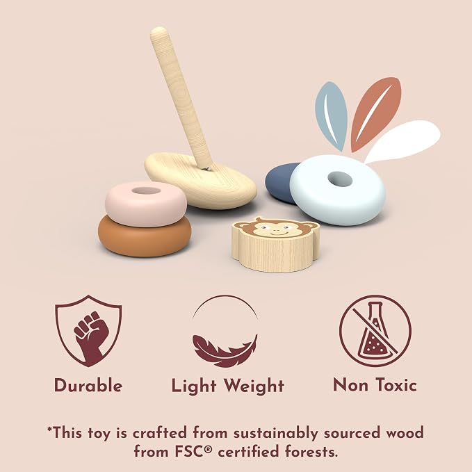 Roly Poly Stacker Toy for Toddlers Wobble Base FSC Wood | colorful rings, wobble base, FSC wood, ring stacker toy, sorting & stacking toys, toddler girl toys, sensory fine motor play