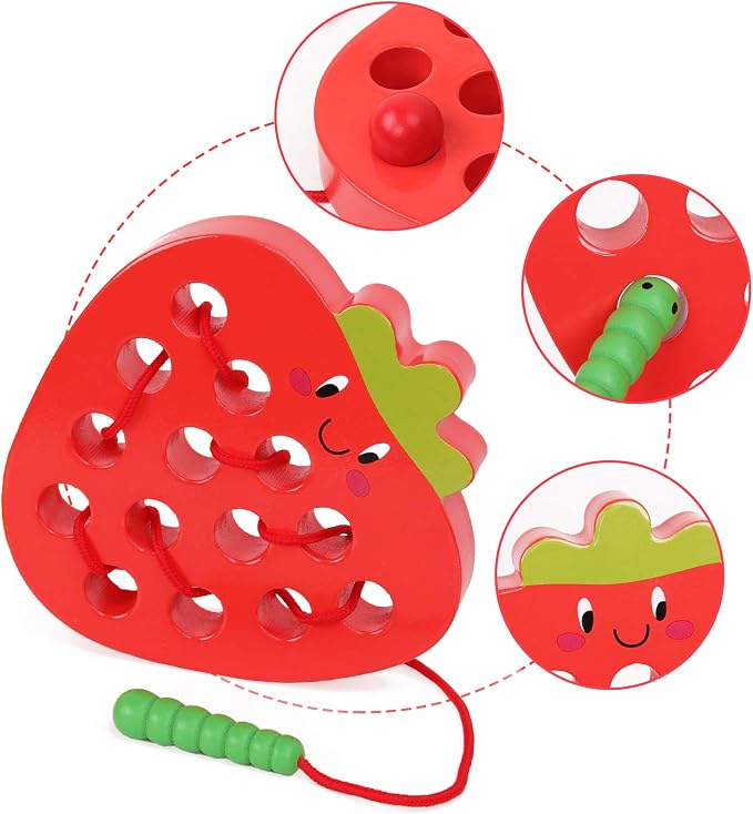 Wooden Lacing Threading Toys Fine Motor Skill Toys for 3 Year Old | Educational and Learning Montessori Toddler Travel Toy 1 Strawberry and 1 Dog