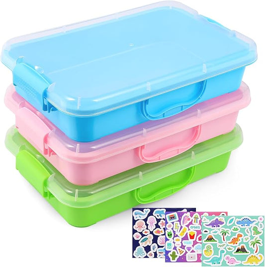 FIIOEOY 3 Pcs Sensory Bin Sand Tray with Lid & 3 Stickers, Stackable Plastic Storage Containers, Portable Sandbox, Organizers for Toys, Sand, Arts, Crafts (Blue, Green, Pink)