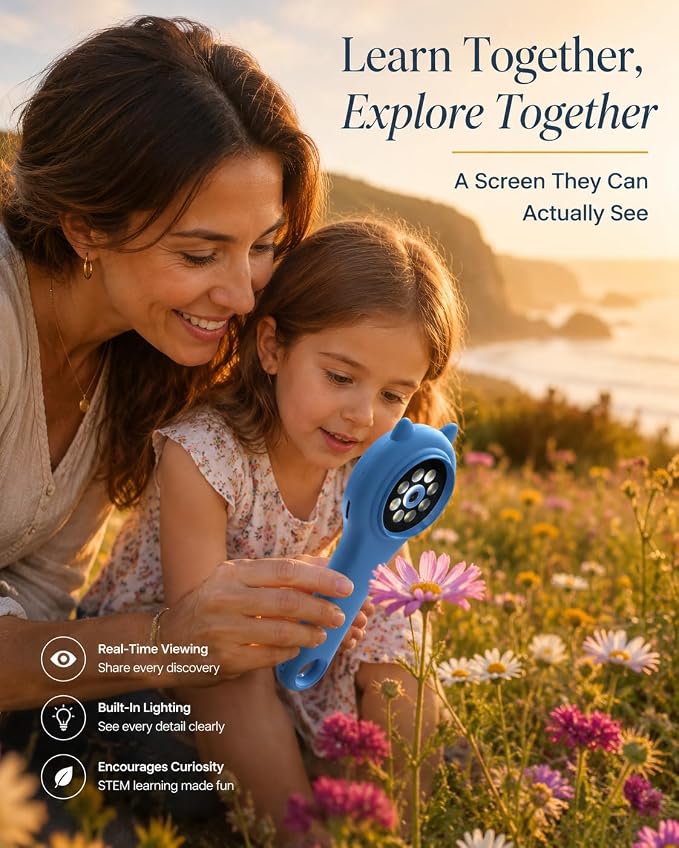 Microscope for Kids, Portable Digital Microscope for Outdoor Exploration | 500X digital magnifying glass with a 2-inch IPS screen for nature, camping, travel, and hands-on STEM learning.