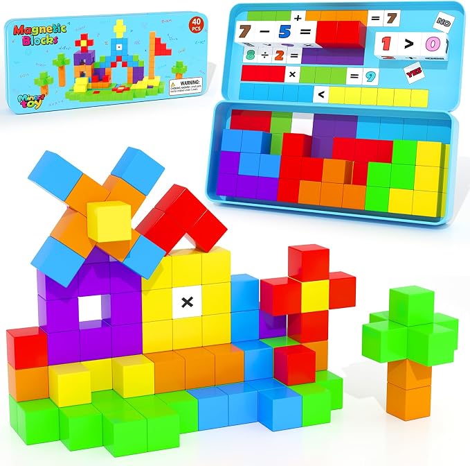 Magnetic Blocks Mini Travel Essentials Toddler Toys with Case Set, Kids Magnet Building Blocks Sensory Montessori Autism Toys for 3+ Boys & Girls Birthday Gifts