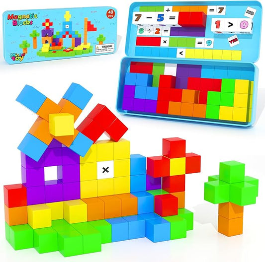 Magnetic Blocks Mini Travel Essentials Toddler Toys with Case Set, Kids Magnet Building Blocks Sensory Montessori Autism Toys for 3+ Boys & Girls Birthday Gifts