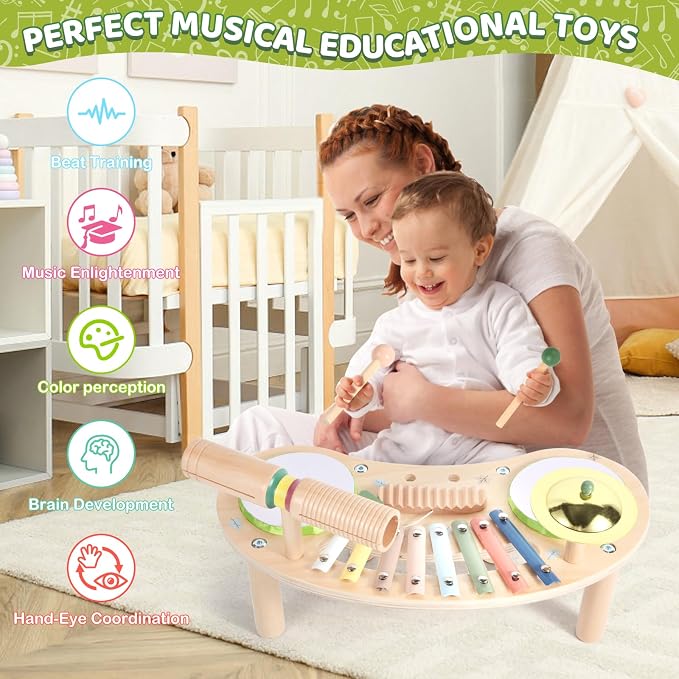 Asweets 7 in 1 Kids Drum Set for Toddlers | Wooden Xylophone Musical Instruments Kit for Toddler, Baby Drum Set Montessori Toys Sensory Toys Birthday Gifts (Moon)