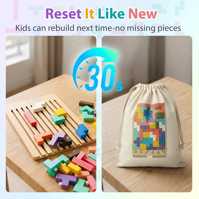 Wooden Montessori Brain Blocks, Quick-Reset Pattern Bag, Gift 3+ | 2-in-1 Building & Puzzle Game, 9 Shapes, 20 Challenges, Instruction Guide, Screen-Free, Educational Play