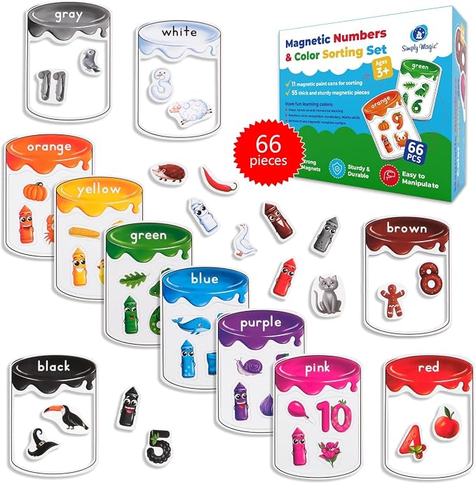 66 PCS Magnetic Color Sorting Set, Colors Sorting Toys - Simply Magic | Color Recognition for Toddlers 1-3, Numbers Color Sorting Magnets for Fridge, Magnetic Sorting Set for Whiteboard
