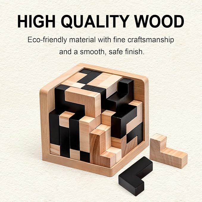 5PCS Wooden Puzzles for Adults & Kids – Cube & Shape Brain Teasers, Logic & Educational Games, Family Fun