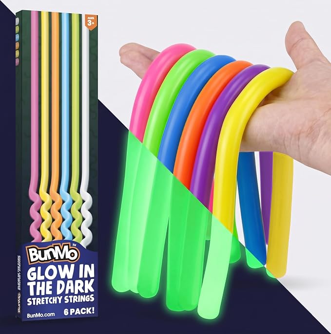 BUNMO Sensory Toys Stretchy Strings for Toddlers 3+ - Vibrant & Stretchy Fidget Toys for Kids - Hours of Fun for Kids - Non-Mouthable Toy 3+ - Glow 6 Pack