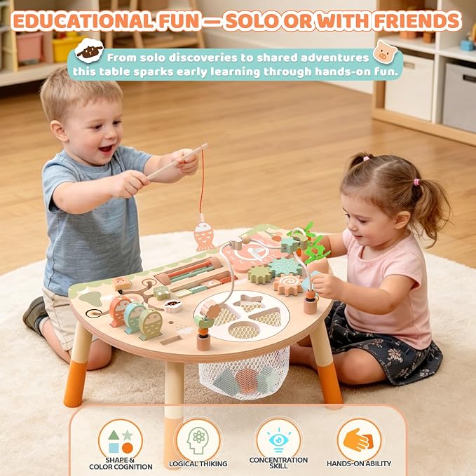 Wooden Activity Table for Toddlers, 9 in 1 Montessori Toy | Sensory Learning, Bead Maze, Shape Sorter, Fishing Game, Spinning Gears, Wood, CPSIA Certified, Gift for Boys Girls