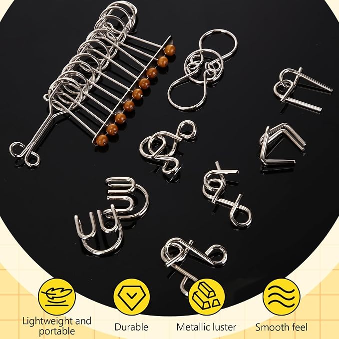 Metal Wire Puzzle Set of 8 with Pouch, Brain Teaser Puzzles IQ Test Ring Disentanglement Unlock Interlock Game Trick Metal for Party Favor Challenge (E Style)