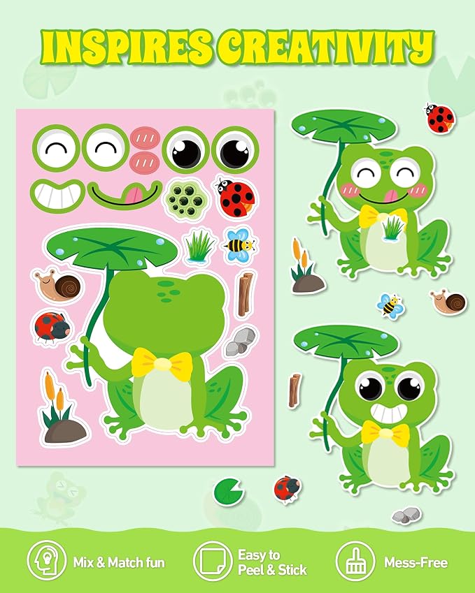 Aowplc 32 Sheets Frog Make-a-Face Stickers for Kids 8 Cute Designs Frog Craft Activities & Party Favors