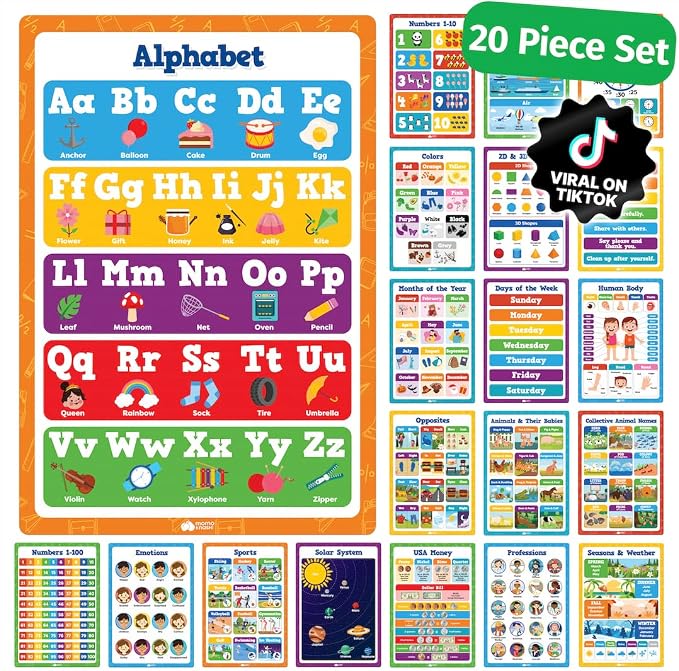 Educational Learning Posters for Toddlers 1-3 - 20pc Classroom Toddler Learning Posters - 16” x 11” Classroom Decor, Back to School Teacher Supplies - Kindergarten Preschool Classroom Must Haves