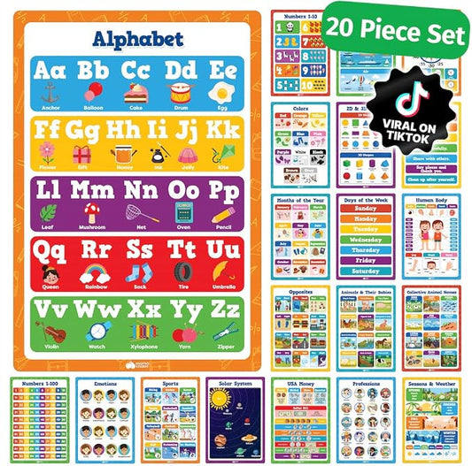 Educational Learning Posters for Toddlers 1-3 - 20pc Classroom Toddler Learning Posters - 16” x 11” Classroom Decor, Back to School Teacher Supplies - Kindergarten Preschool Classroom Must Haves