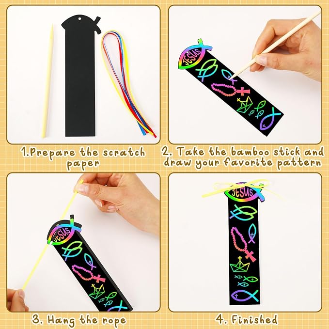 JUNEBRUSHS 30Pcs Religious Crafts for Kids, Easter Rainbow Color Scratch Art Bookmarks Resurrection Cross Religious Gifts for Kids Sunday School Church Bible Crafts Kits