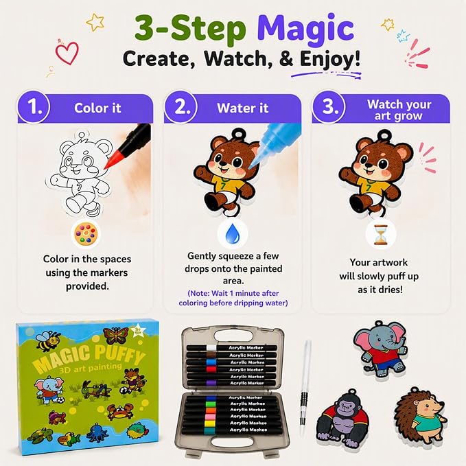 MWOMGLP Magic Foam Texture Painting Kit, 16 Pack DIY Puffy Foam Art Craft Set for Kids, 3D Sensory Painting Paper with Colorful Foam Sheets, Creative Gift for Boys Girls Ages 3+(Animal Fashion)