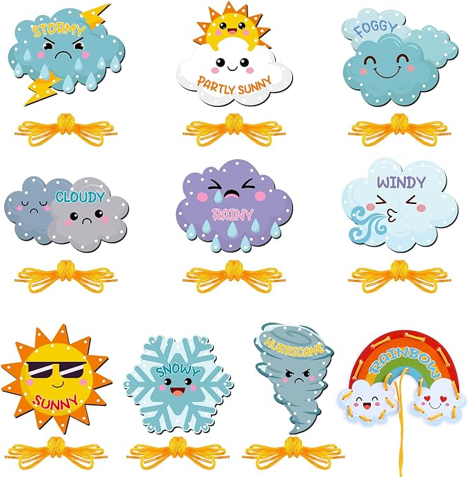 Funrous 10 Pieces Kids Recognition Lacing Cards,Weather | Thick Cardboard Educational Sewing Cards, Double Sided Lacing Playing Games, For Preschool Developing Imagination Supplies