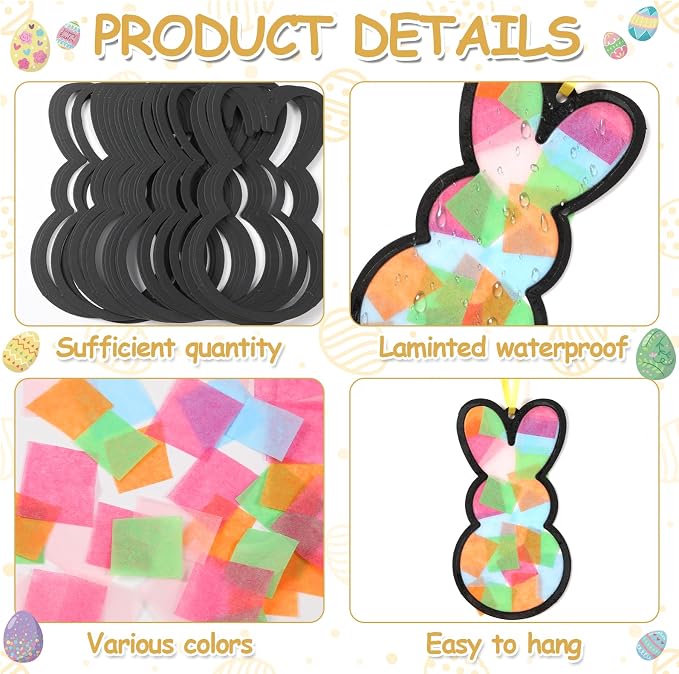 Qyeahkj 36 Set Easter Bunny Suncatchers Crafts for Kids DIY Colorful Rabbits Window Tissue Paper Craft Kit Hanging Decor for Easter Classroom Home Activity Art Project Birthday Party Favor