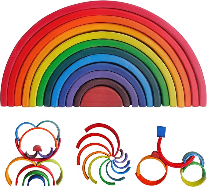 Wooden Rainbow Stacking Toy, 12-Piece Wooden Building Block Set, Wooden Building Block Nesting Puzzle, Early Childhood Matching Education and Learning Montessori Toys 3 4 5 6 Years Old