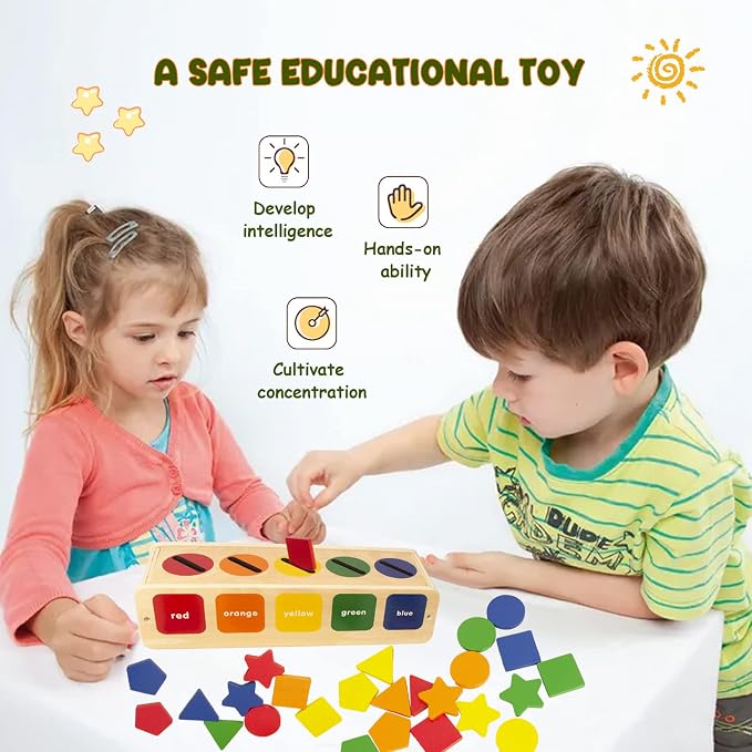 WOODENFUN Wooden Color Shape Sorting Toys Box for Toddlers 1-3 | Montessori Shape Sorter Color Matching Box Game, Learning Sensory Toys Gift for Boy Girl 3 Year Old