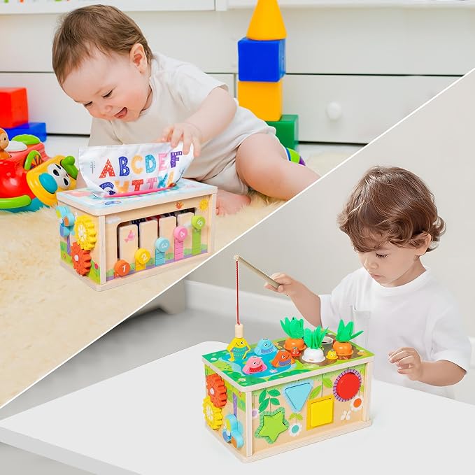 Ancaixin 6-in-1 Montessori Tissue Box Toy for 6+ Months Baby, Activity Cube | Wooden Puzzles 12-18 Months, Perfect 1 Year Old Girl Boy Gifts, Sensory Toys for Toddlers 1-3, Baby 1st Birthday Gift