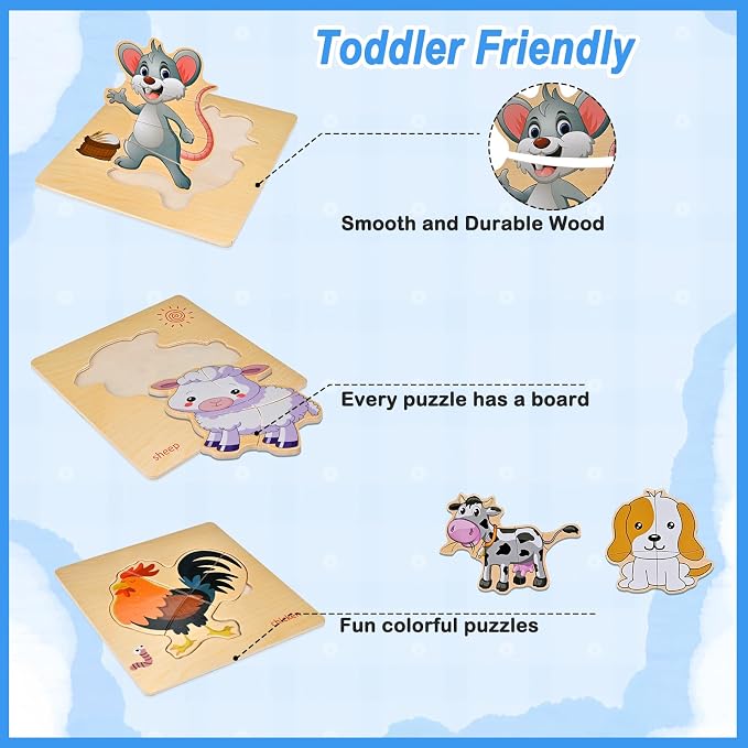 8pcs Wooden Puzzles for Toddlers 1-2-3-4, Farm Puzzles Ages 1-2-3-4 | Toddler Montessori Educational Jigsaw Toys, Preschool Puzzle Christmas Birthday Gift for Kids Girl Boy 1-4 Year Old