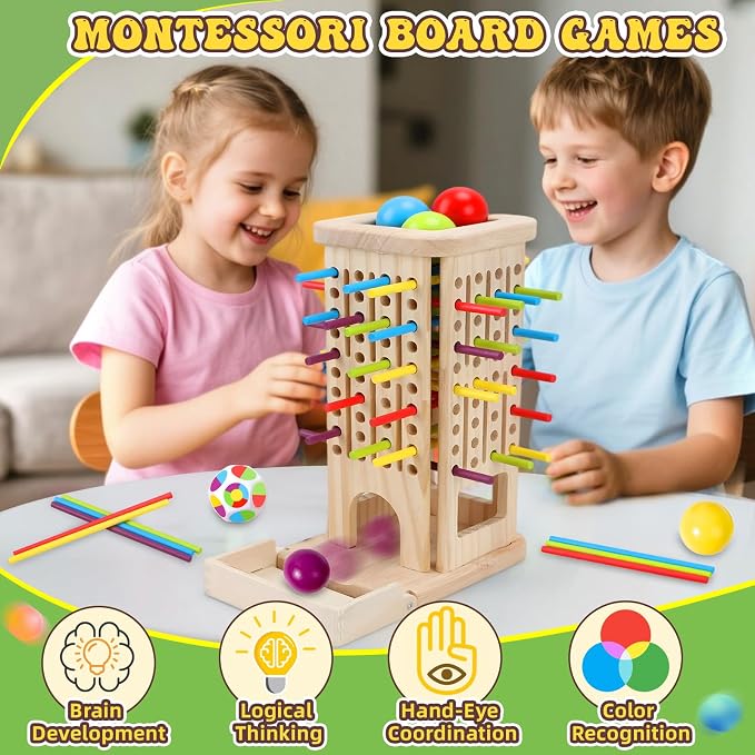 Montessori Wooden Board Games for Kids 3-8 Years, Educational Toys | Fine Motor Skills Toys for 5 Year Old, 40 Colorful Wooden Sticks, 12-Sided Dice, Math Toys, Family Games for Kids and Adults