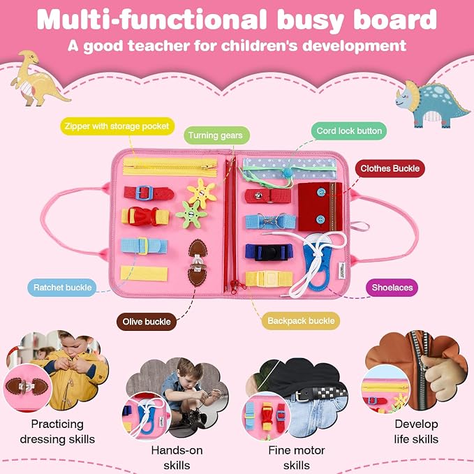 Busy Board, Sensory Board Travel Toys Gifts for Girls Boys, Montessori Toys to Learn Fine Motor Skills, Educational Activities Busy Book for Airplane Car (Pink)