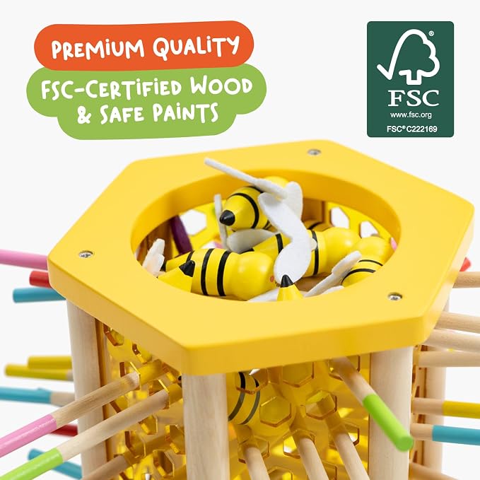 Nene Toys BeeFall Jumbo, 4-in-1 Wooden Honey Bee Toy for Kids Ages 3-9 - Educational Game with Wooden Honeybee Hive, 12 Bees, Colorful Sticks, Dice & Cards - Fun Family Game for Cognitive Development