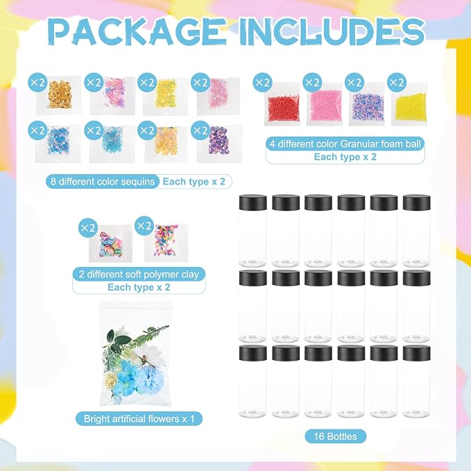 YEXEXINM 16pcs Empty Sensory Bottles Kits, 300 ml Leakproof Clear Plastic Sensory Bottle with Lids with Sequins Accessories, Reusable Water Bottles for Sensory Crafts Handmade Party Supply (Pack of 4)