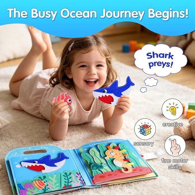 Travel Toys for Toddlers,Ocean Busy Book for Toddlers 1-3, Felt Activity Book, Busy Board for 1 Year Old Girls Montessori Toys, Quiet Book FineMotor Skills Learning Toys,Gifts for Children