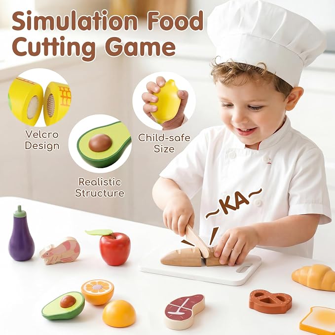 Lehoo Castle Wooden Play Food Set for Toddlers, Play Kitchen Accessories | Pretend Play Cutting Toys, 4 Baskets with Fruits Vegetables Meats Breads, Montessori Sorting Toys for Girls Boys Kids 3-5