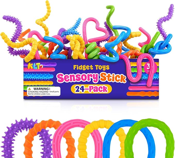 KLT Textured Fidget Sticks 24 Pack Bulk Classroom Prizes | 6 colors, 6 raised textures, bendable design, creative shaping, bulk rewards for party favors, office, gifts