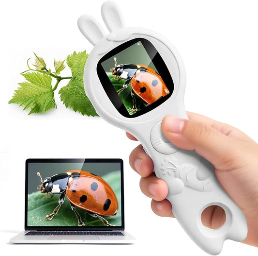 Children's Handheld Electronic Magnifying Glass, White Rabbit-Shaped Science Educational Microscope Kit, STEM Educational Toy for Kids Ages 5–10 Birthday Gift for Boys & Girls