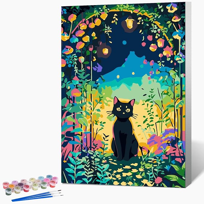 Fountor Framed Paint by Numbers Kit for Adults Beginner & Kids Ages 8-12, Black Cat Paint by Number with Frame, Easy Acrylic Cat Flowers Painting by Numbers Kit on Canvas 8x12 inch