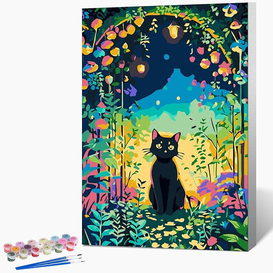 Fountor Framed Paint by Numbers Kit for Adults Beginner & Kids Ages 8-12, Black Cat Paint by Number with Frame, Easy Acrylic Cat Flowers Painting by Numbers Kit on Canvas 8x12 inch