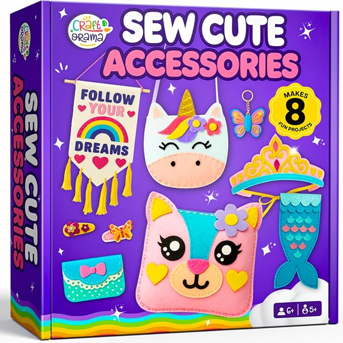 Craftorama Sewing Kit for Kids, Fun and Educational Accessories Craft Set for Girls Age 7-12, Sew Your Own Felt Accessories Craft Kit for Beginners