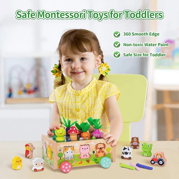 KMTJT Montessori Wooden Toddler Toys for 1 2 3 Years Old Boys Girls Gifts | Shape Sorting Toys First Birthday Gifts for 1-2 Years, Wood Animal Farm Car Preschool Educational Fine Motor Skills Toy