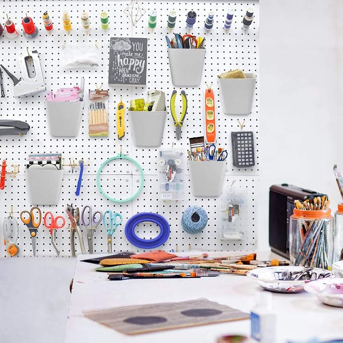 Large Pegboard Cups, 6Pack Peg Board Square Storage Bins With Hooks (Grey) | Big Open-Mouth Cups, 1/8" 1/4" Pegboard Organizer Accessories, Cup Holder for Craft Garage Workbench Office Tools Supplies