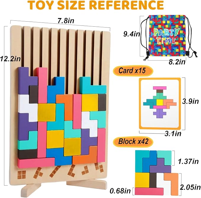 Montessori Brain Blocks Kids Wooden Stacking Toys 3D Tetris Puzzles | 42 PCS Colored 3D Russian Block Puzzle with Cards & Bag, Educational Montessori Toys Jigsaw Stack Game Board for 3-8 Year Old